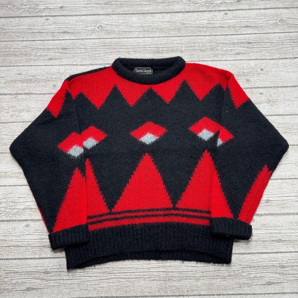 Vintage Mohair Wool Sweater Men's Medium Black Red Geometric Pullover Temu Uomo
